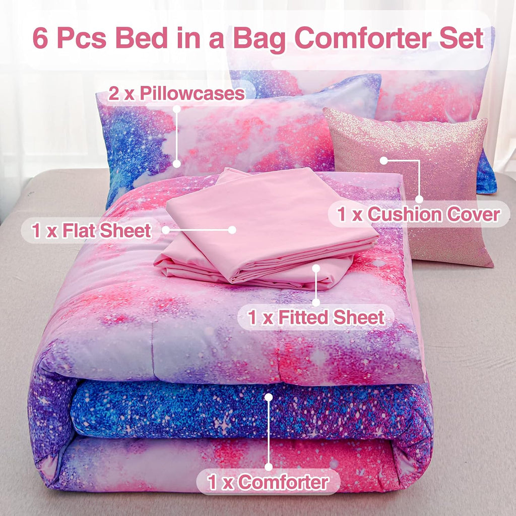 Galaxy Bedding Sets Outer Space Comforter 3D Printed Space Quilt Set Full 6Pcs Glitter Pink,for Children Boy Girl