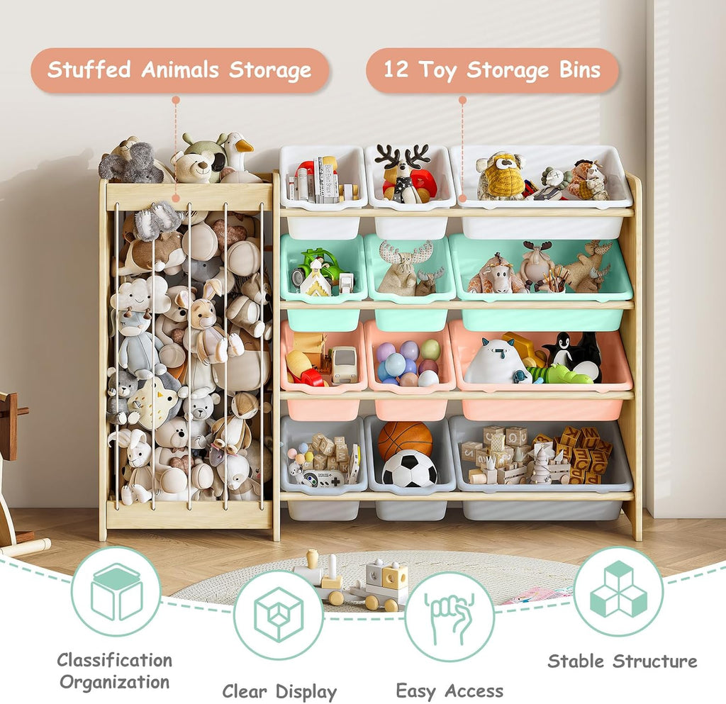 Kids Toy Storage Organizer, 2-in-1 Stuffed Animal Storage & Toy Organizer w/12 Bins, Solid Wood Toy Rack Featuring
