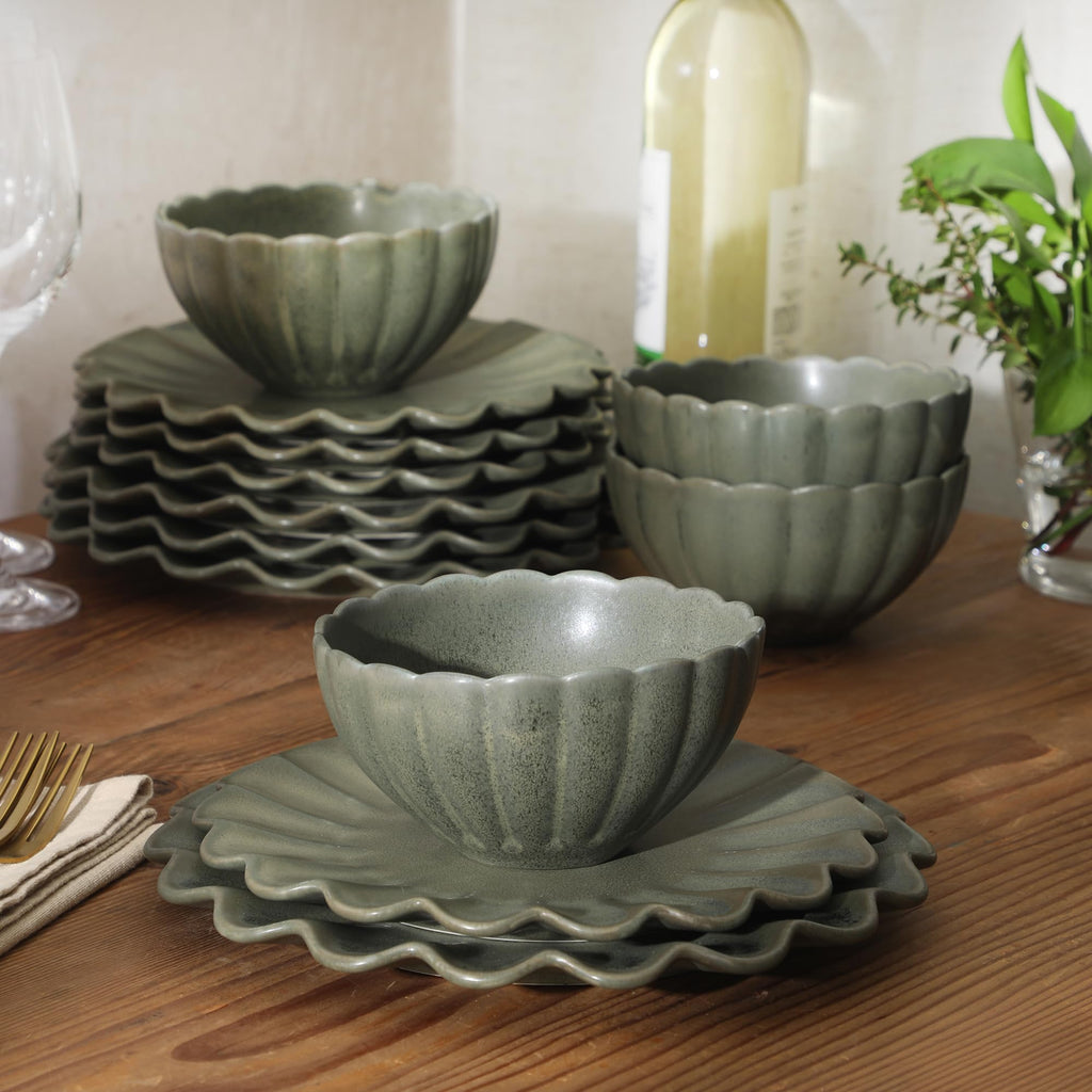 Bistro Fleur Plates and Bowls Sets, 12-Piece Stoneware Dinnerware Set for 4, Matte Green Scalloped Dish Set