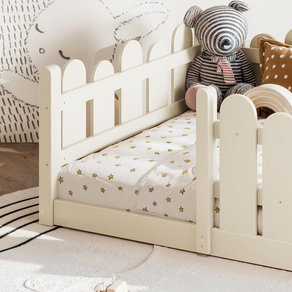 Twin Size Montessori Floor Bed with High Fence and Safety Guardrail, Solid Wood Floor Bed with Slats for Kids, Boys