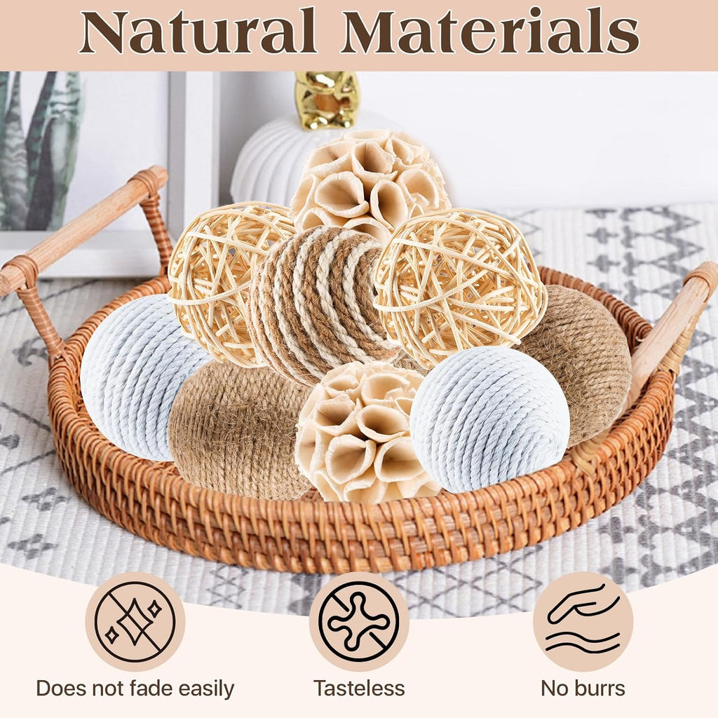 Decorative Balls for Bowls, Assorted Bowl Fillers Vase Fillers for Centerpieces, Natural Rattan Wicker Jute - Set of 12