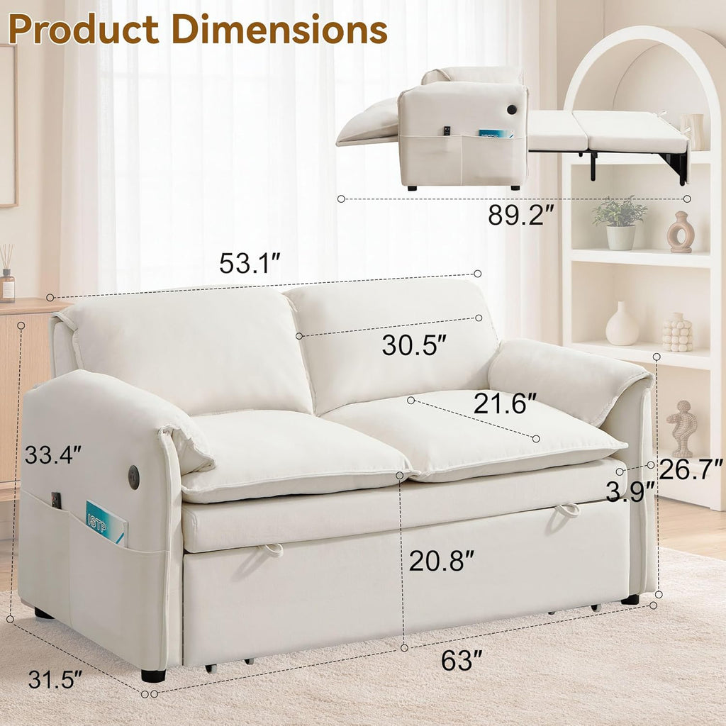 63" 3-in-1 Velvet Convertible Sleeper Sofa Bed, Modern Adjustable Backrest Loveseat Pull Out Couch with USB & Side