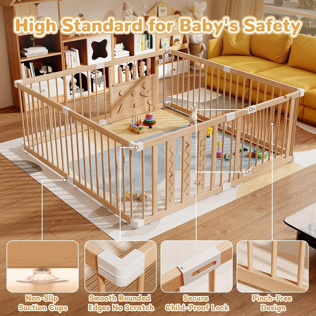 Wooden Baby Playpen, 64"x64" Extra Large Play Yard for Toddlers | Natural Wood Playpen with Child-Proof Lock, Easy