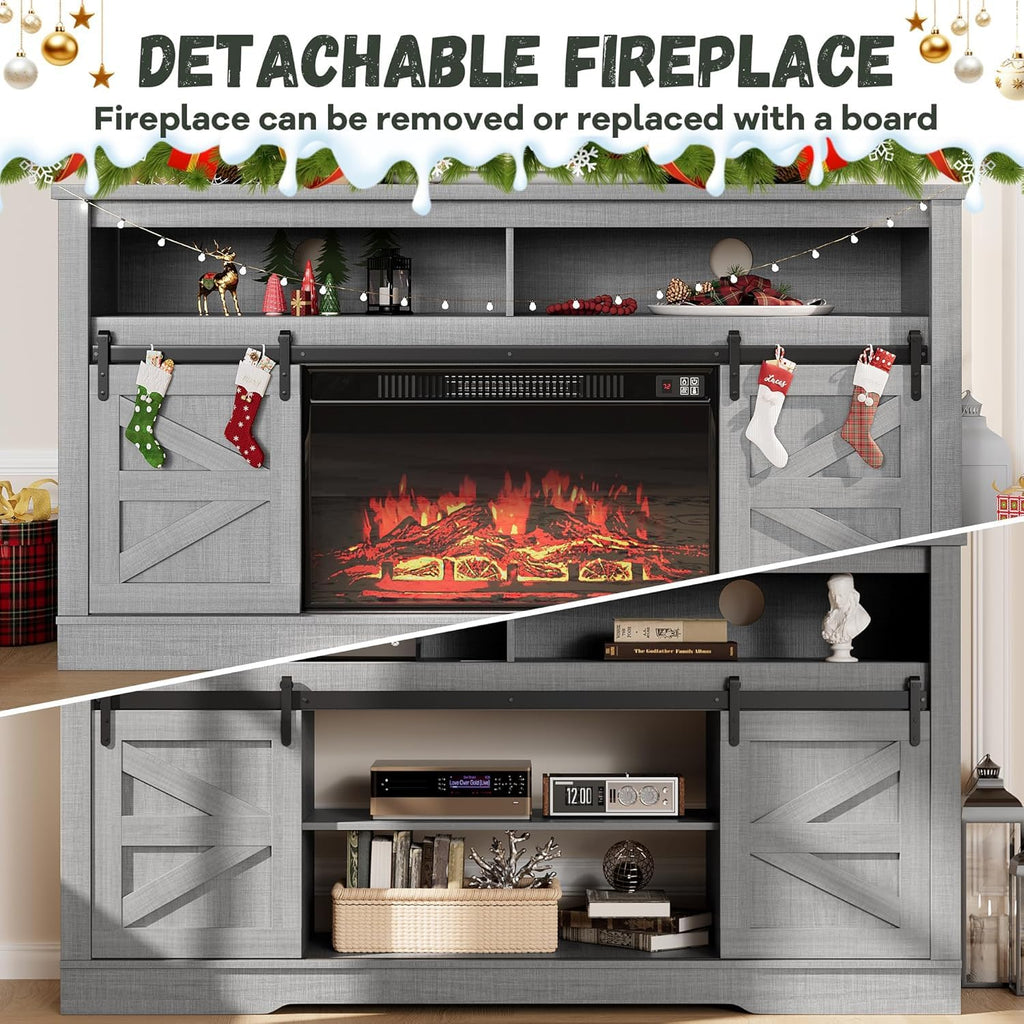 Farmhouse Fireplace TV Stand for Television up to 65+ Inch, Gray | TV Console with Storage and Sliding Barn Doors
