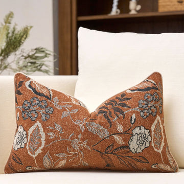 Rust Orange Floral Textured Lumbar Throw Pillow Cover 12x20 Fall Vintage Accent Pillow Cover Farmhouse Cushion Cover