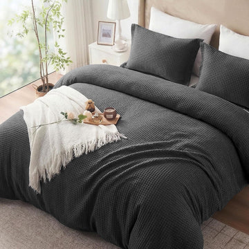 100% Cotton Duvet Cover Queen - Waffle Weave Duvet Cover Set for All Season, Linen Like Textured Bedding Sets 3 Pcs
