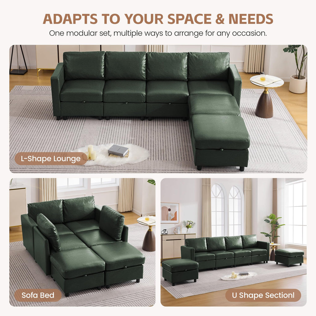 Modular Sectional Couch, 107" Faux Leather Storage 4 Seat Sofa, Green