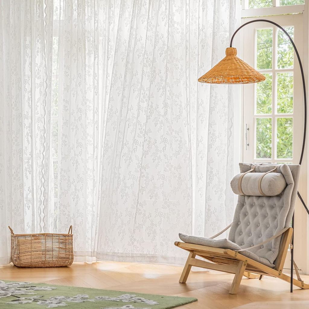 White Lace Sheer Curtains 96 Inches Long Luxury Light Filtering White Drapes Window Treatment for Living Room Bedroom