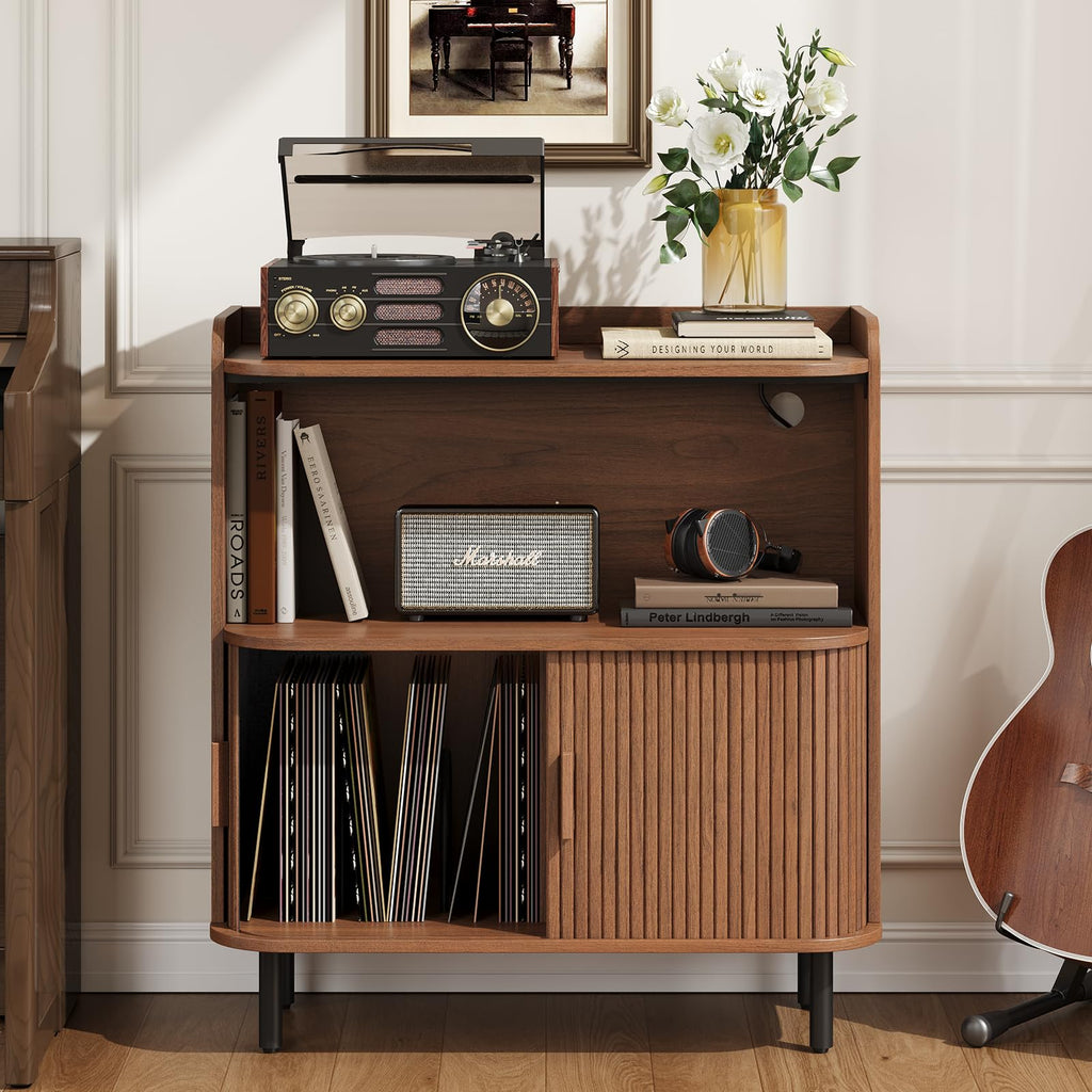 Mid Century Modern Record Player Stand with Charging Station, Walnut