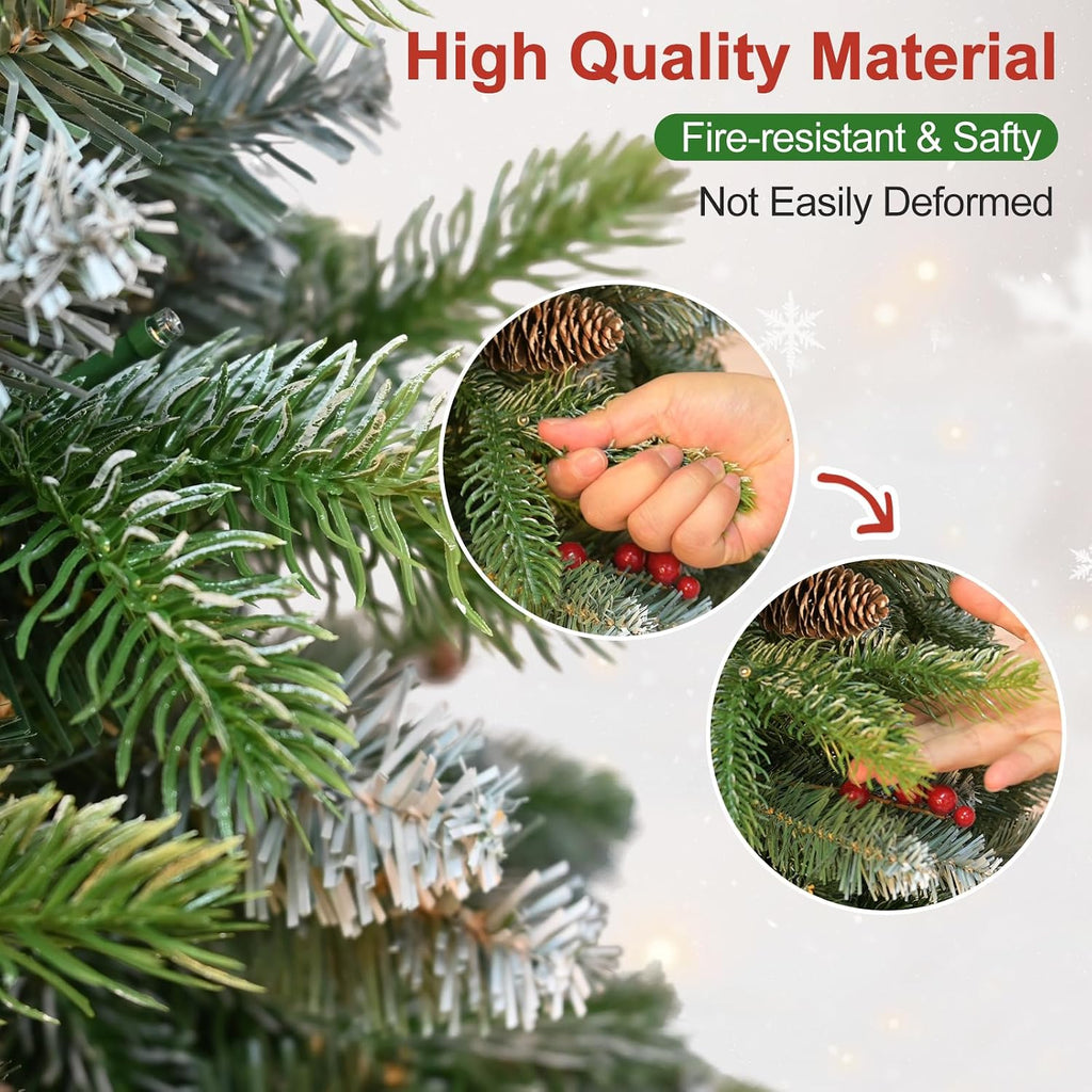 7 Ft Artificial Christmas Tree Pre-Decorated with Snow Flocked PVC&PE Tips, Pine Cones, Red Berries, Unlit Xmas Tree