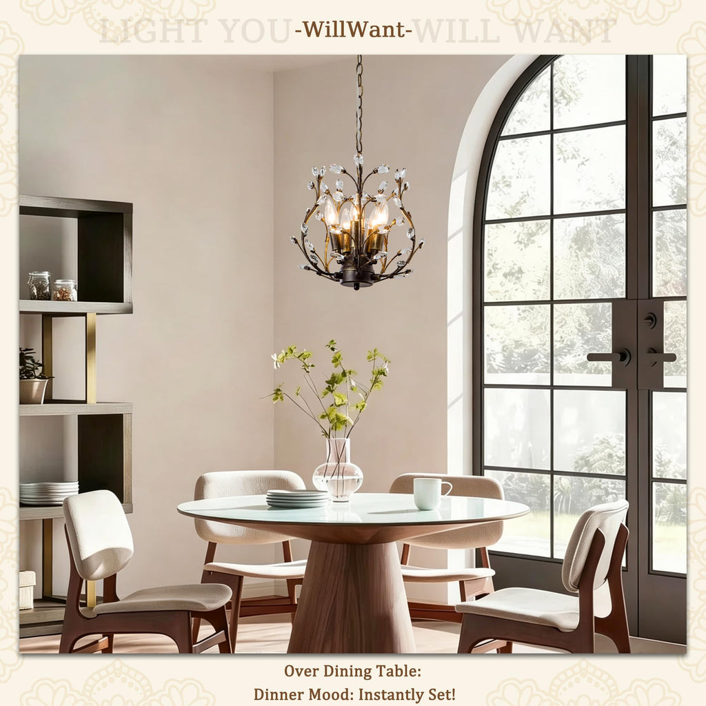 Vintage 5 Light Crystal Chandelier, Aged Bronze Tree Branch
