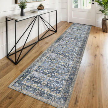 Vintage Washable Runner Rug, 2x8 Blue Grey Beige Runners