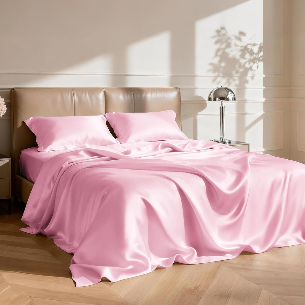 Satin Queen Sheets Set - 4 Piece Pink Silky Bed Sheets Set with Deep Pocket, Luxury Silk Feel Satin Queen Sheet Set