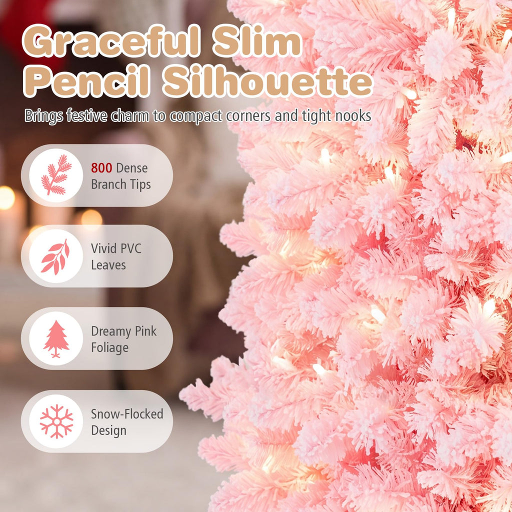 7FT Pre-Lit Pencil Christmas Tree, Snow Flocked Pink Xmas Tree