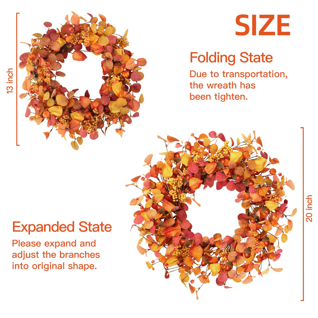 Artificial Fall Wreath 20'' Autumn Front Door Wreath with Eucalyptus Leaves Berries Small Pumpkins Lantern Fruit for