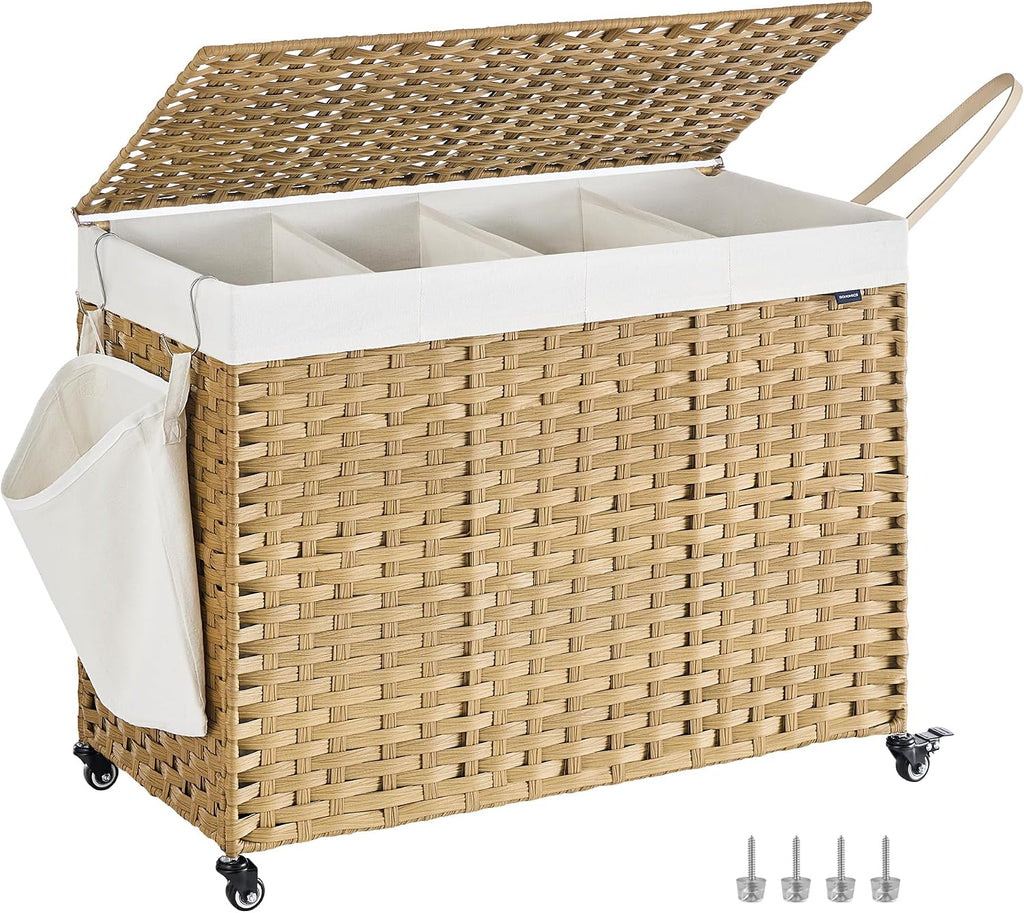 Laundry Hamper with Lid, 55.4 Gallons (210 L), Rolling Laundry Basket with Wheels, 4-Section Synthetic Rattan