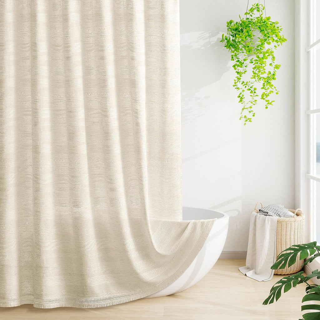 Boho Farmhouse Shower Curtain Set with Tassel, Linen Bohemian French Country Chic Bathroom Shower Curtain Set, Modern
