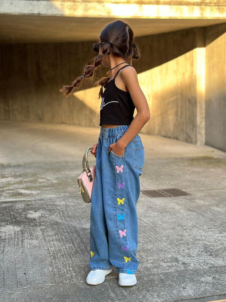 Girls Jeans Denim Elastic Wasit Wide Leg Baggy Pants Kids Clothes