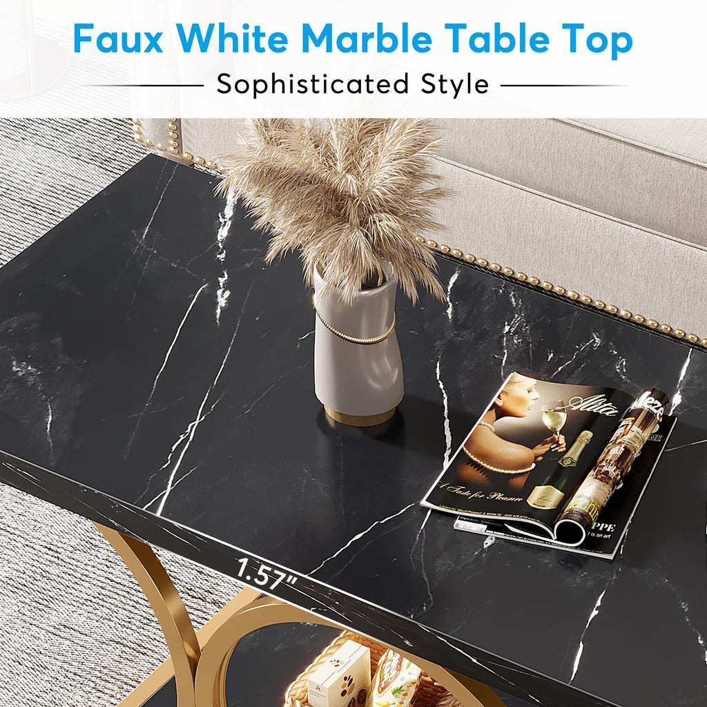 Rectangle Coffee Table, 47.24-inch Modern Coffee Tables, 2-Tier Faux Marble Wood Coffee Table with Geometric Metal