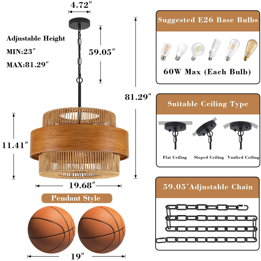 Rattan Chandelier, 5 Lights 19.68" Hand Woven Drum Boho Rattan Light Fixture