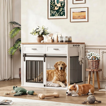 Large Dog Crate Furniture with 2 Storage Drawers, Heavy Duty Wooden Pet Kennel with Sliding Barn Door & Hook, Dog