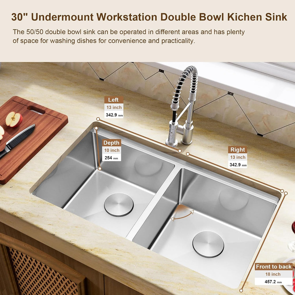 Double Undermount Kitchen Sinks 30 Inch, 16 Gauge T304 Stainless Steel Sink | 30" x 18" x 10" Deep Large Workstation