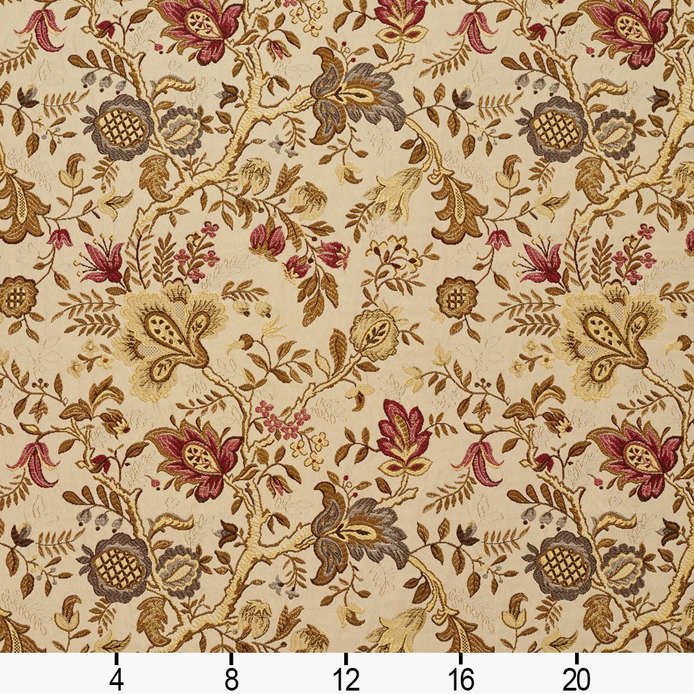 Red Gold Beige and Brown Flowers and Leaves Vibrant Upholstery Grade Fabric by The Yard - SKU: Tamsin Florence