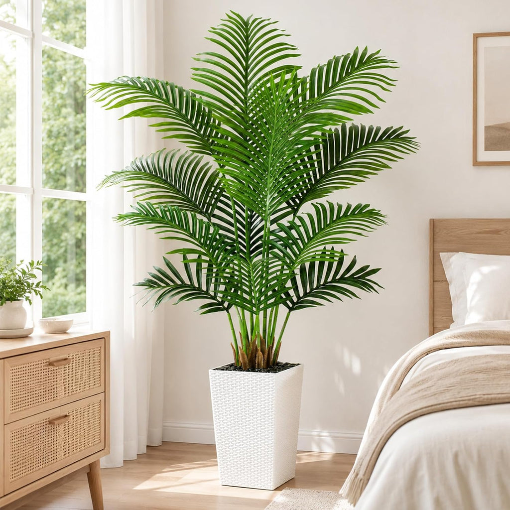 5FT Tall Artificial Palm Trees White Planter,Fake Silk Tropical Tree with 9 Lush Leaves,Realistic Faux Floor Plant