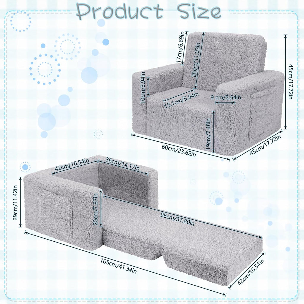 Toddler Couch & Chair - Convertible Sofa to Lounger, Pull Out Couch with Sherpa Cover in Dark Grey