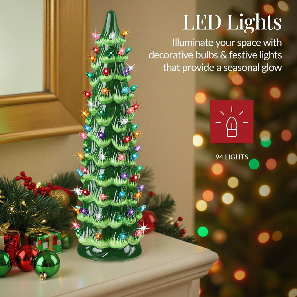 Ceramic Christmas Tree, 21in Pre-Lit Hand-Painted Tabletop Holiday Decoration w/Multicolor Bulbs, LED Lights - Green