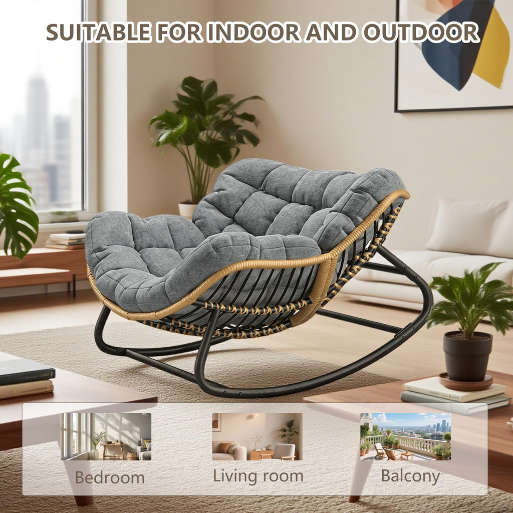 Oversized Papasan Rocking Chair with Extra Thick Cushion, Rattan Wicker Egg Chair for Indoor & Outdoor Use - Cozy