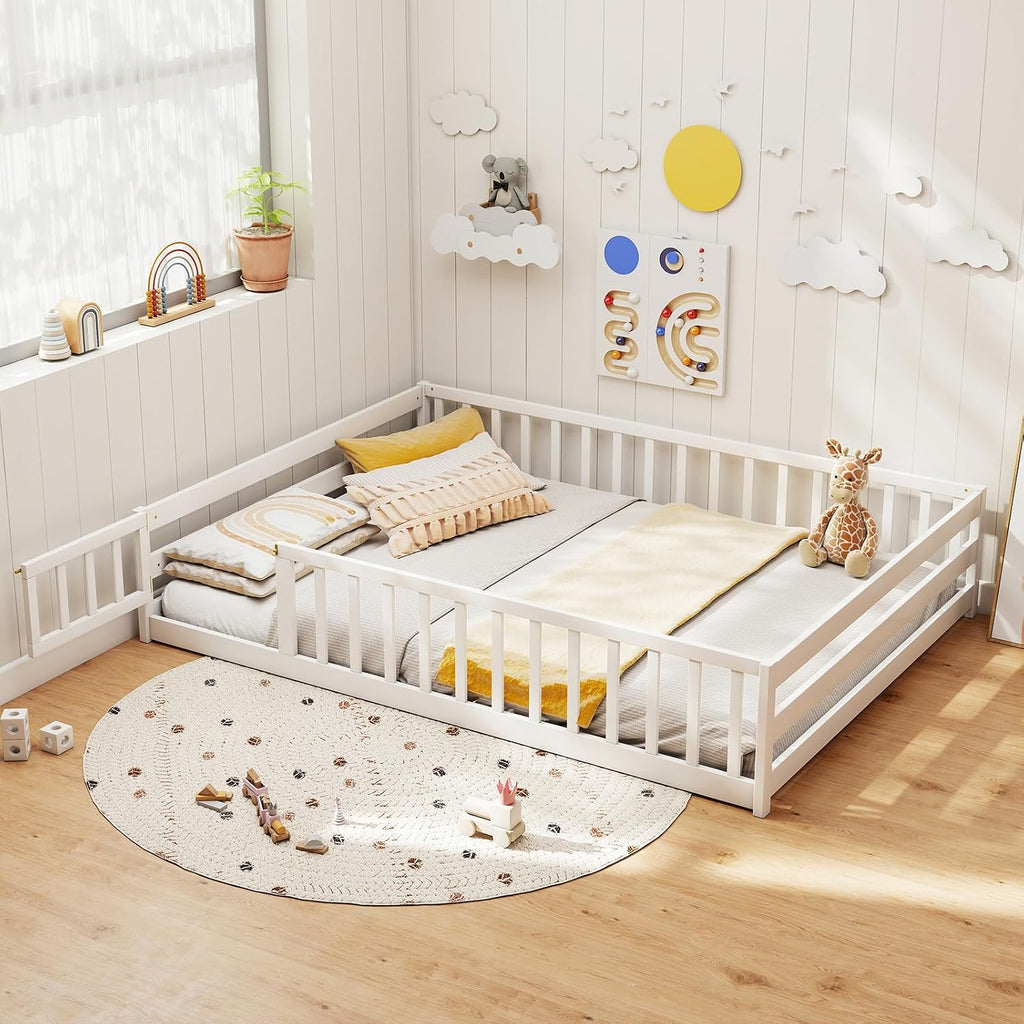 Full Size Wood Floor Bed with Door & Fence, Montessori Bed Frame with Full Length Safety Guardrails, Door & Latch