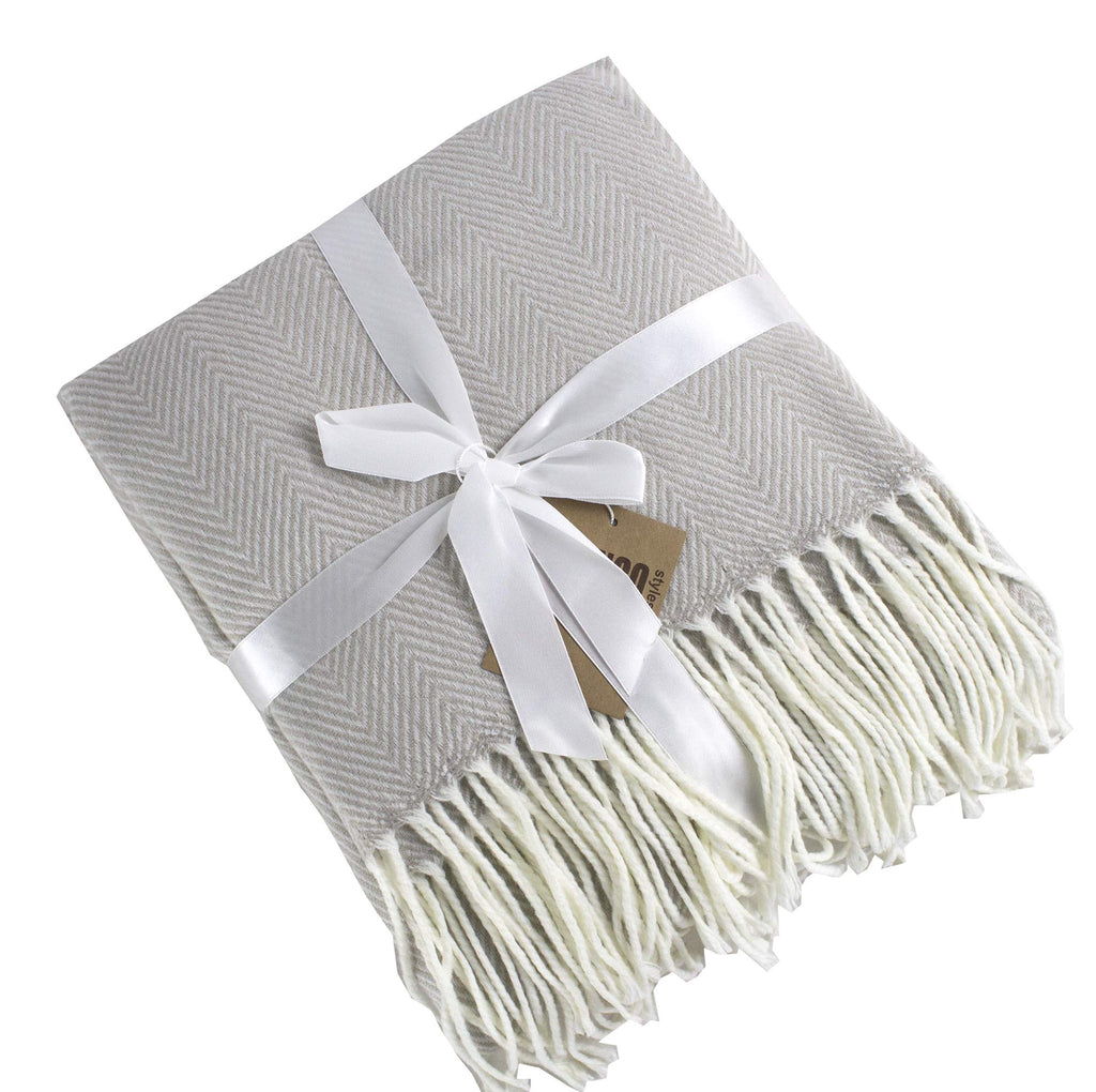 Herringbone Collection Contemporary Fringed 50 x 60 Inch Throw - Grey Throw Blanket for Couch, Bedroom and Living