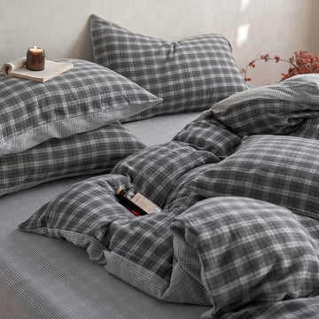 Vintage Grey Plaid Duvet Cover Gingham Bedding Set Full 100% Cotton Muslin Retro Plaid Checkered Comforter Cover Soft