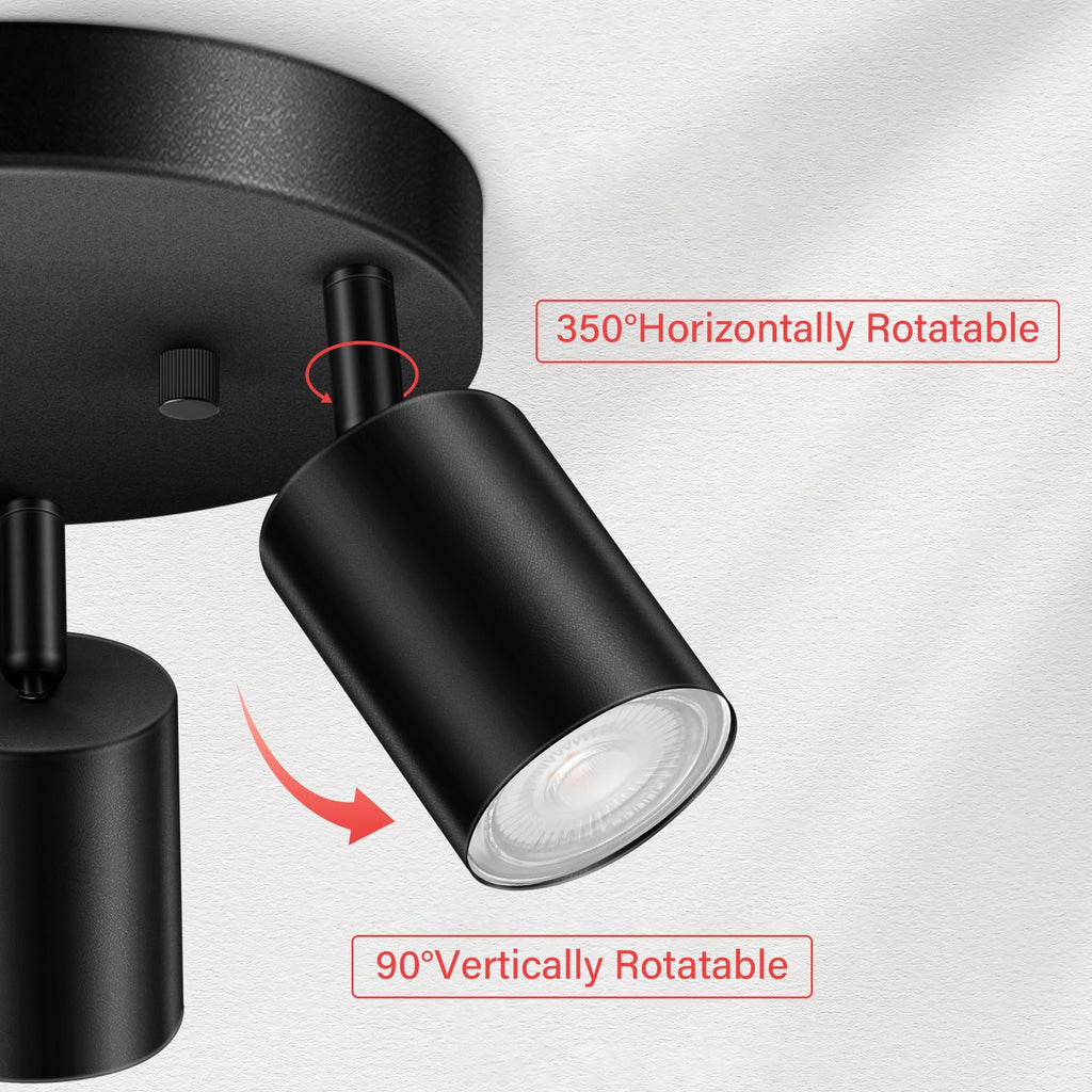 LED 3 Light Track Lighting Kit, LED Track Lighting Fixtures, Black Round Ceiling Spot Lighting, Flexibly Rotatable