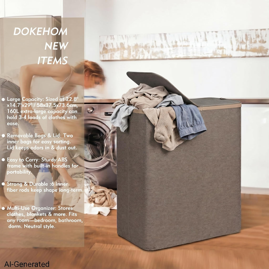 160L Double Laundry Basket Hamper with Lid & Removable Bags, Khaki