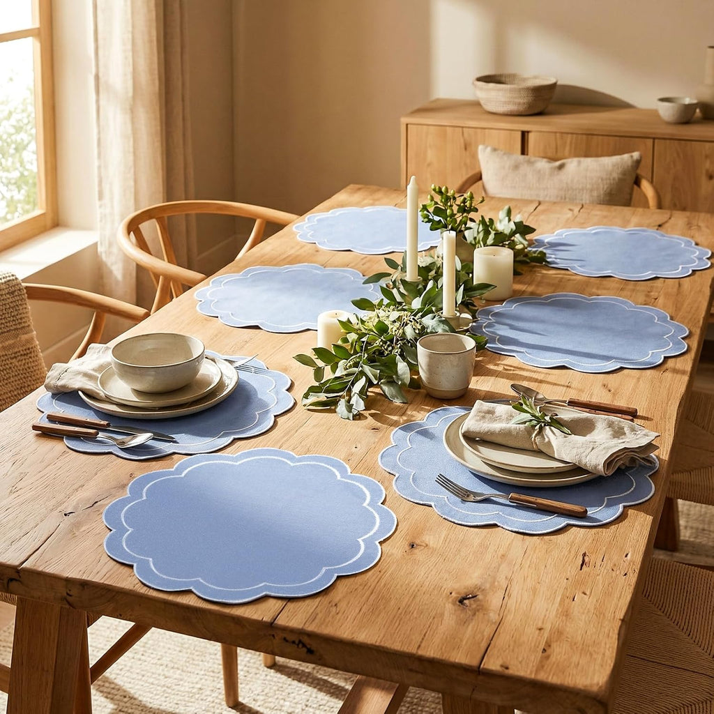 Dusty Blue Linen Placemats Embroidered Round Scalloped Kitchen Table Mats for Spring Easter Party Home Dining Table - Set of 6