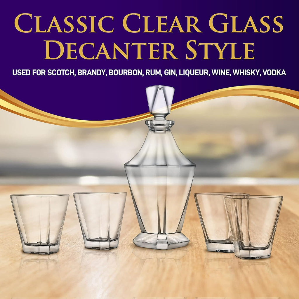Whiskey Decanter Set with Glasses - Clear Glass Aerating Decanter with Stopper, Naturally Enhances Flavor & Aroma