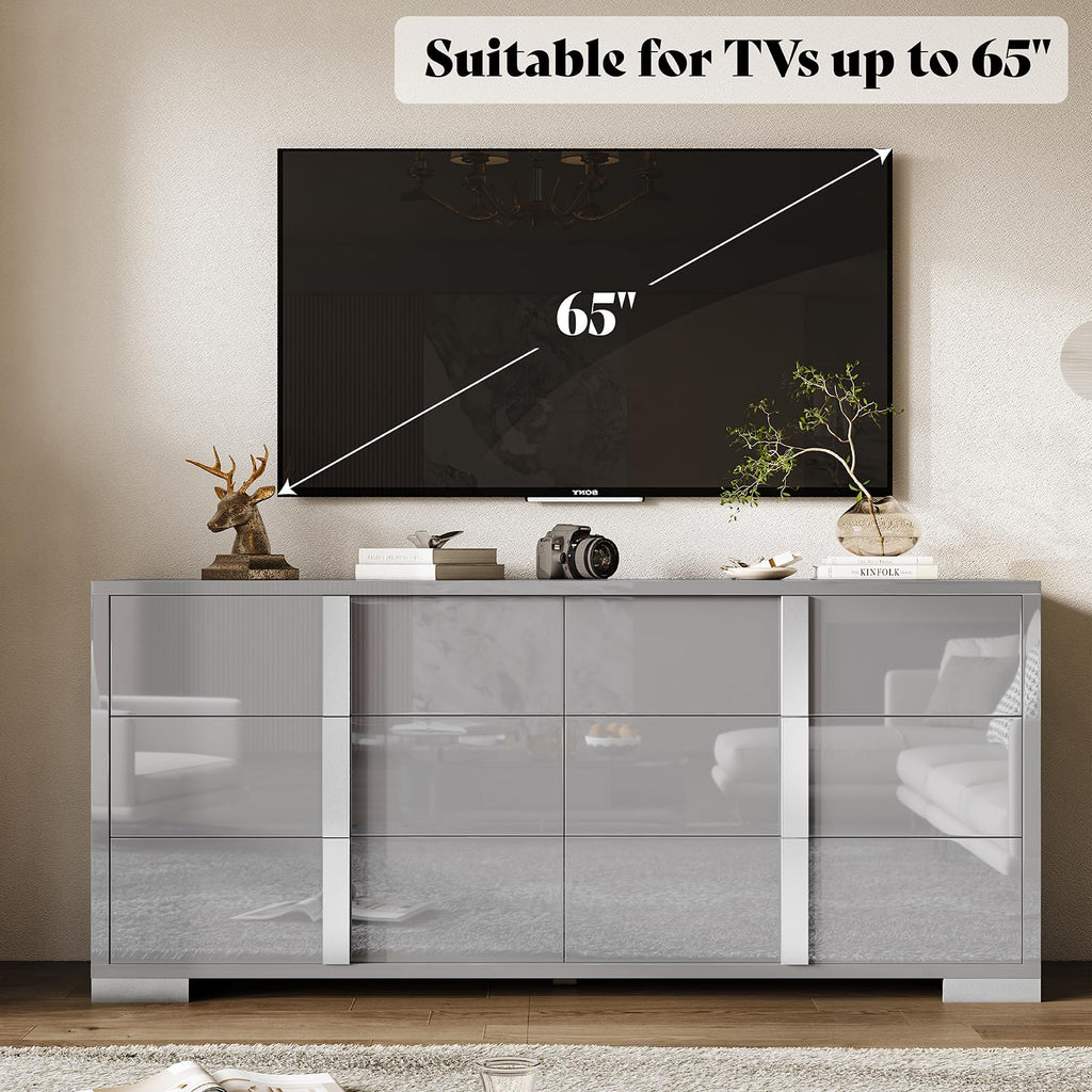 6 Drawer Dresser, Modern Storage Chest, High Gloss Finish, Grey