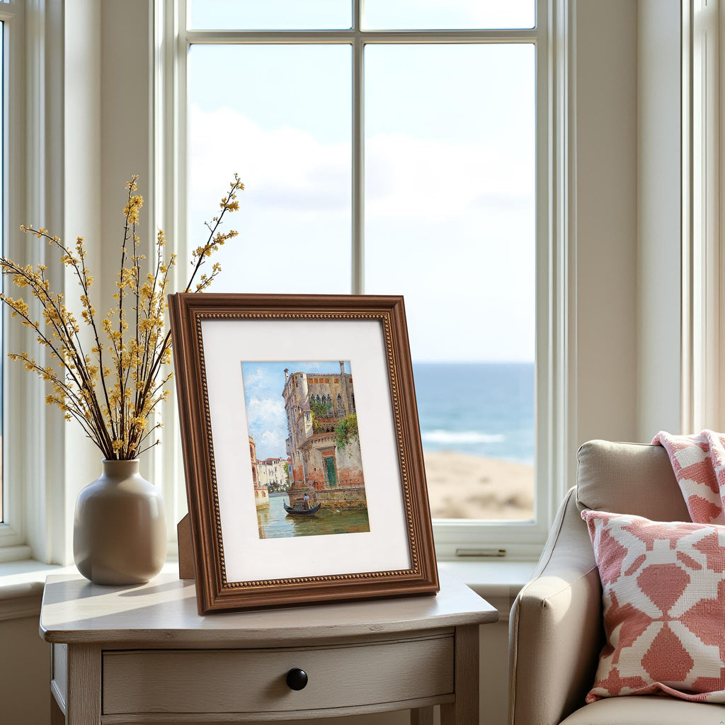 8x10 in Wood Classic Gallery Picture Frame Set, Ornate Beaded Inner, Matted for 5x7 Photo, Multiple Way Display