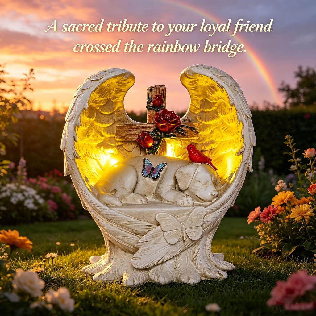 Dog Memorial Stone Solar Angel Wings Garden Statue 10inch