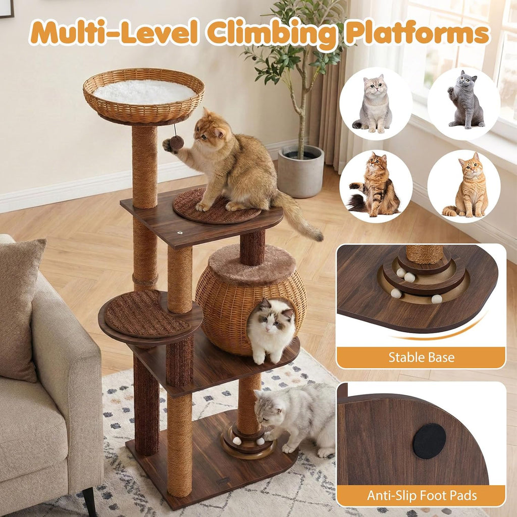 59.5-inch Tall Rattan Cat Tree, Multi-Level Modern Wooden Cat Tower