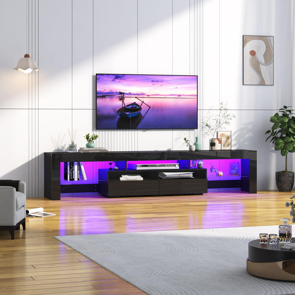 86.6in TV Stands for 85/90/95 inch TV, Modern LED, Black TV Stands, High Gloss TV Entertainment Center with Storage