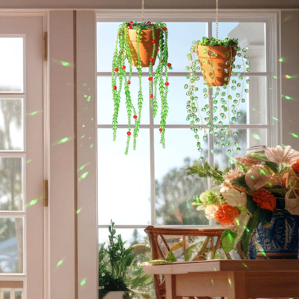 2 Pcs Beaded Plant Suncatcher Glass Leaf Plant Gifts, Novel
