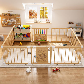 Large Wooden Baby Storage Playpen 9+3 Panels 71"×48" | Size Adjustable Play Yard for Babies and Toddlers, Baby Fence