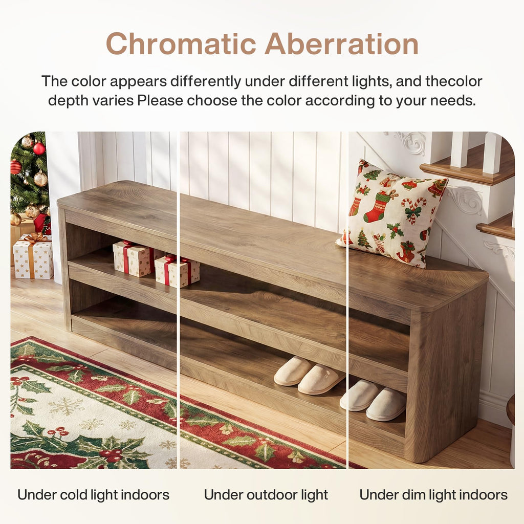 55" Farmhouse Entryway Bench, 3-Tier Open Storage Shoe Bench with Rounded Corners, Wood Look Indoor End of Bed Seat