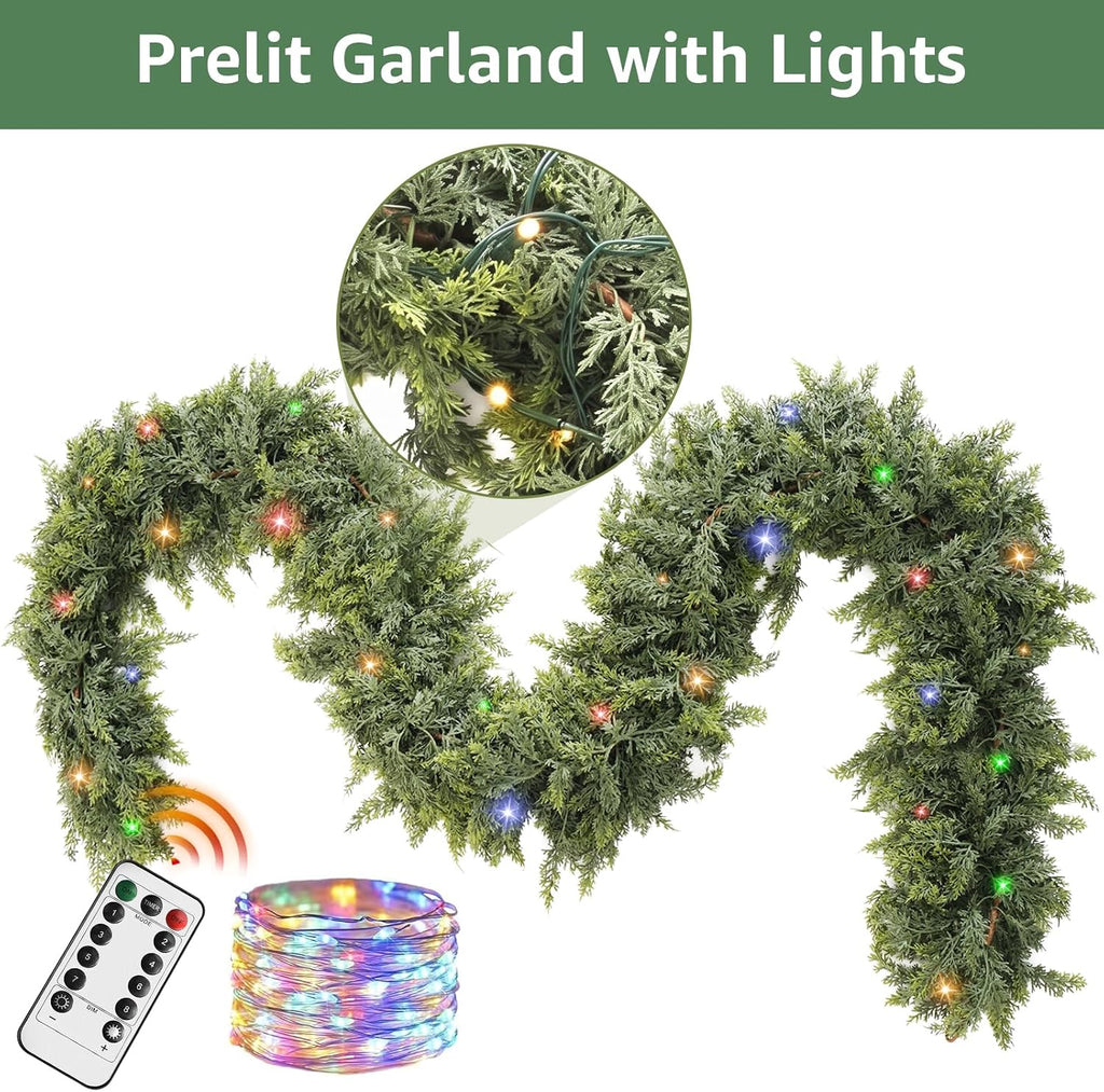 Cedar Christmas Garland with Lights for Mantle - Decorations 9ft Realistic Lighted Faux Pine Garlands for Xmas Home