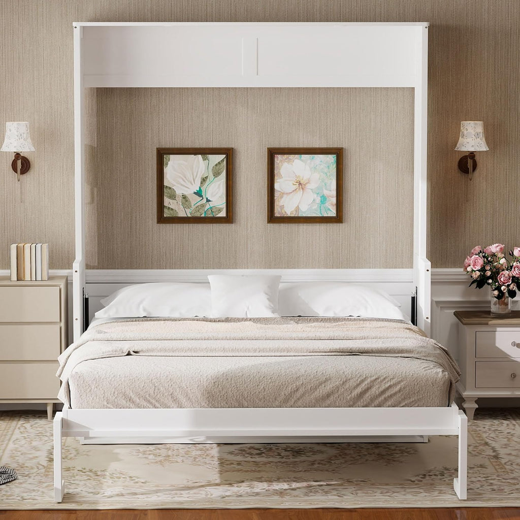 Queen Murphy Bed with Desk, Foldable Wall Bed Cabinet with LED Lights and USB Ports, Space-Saving Murphy Bed Frame