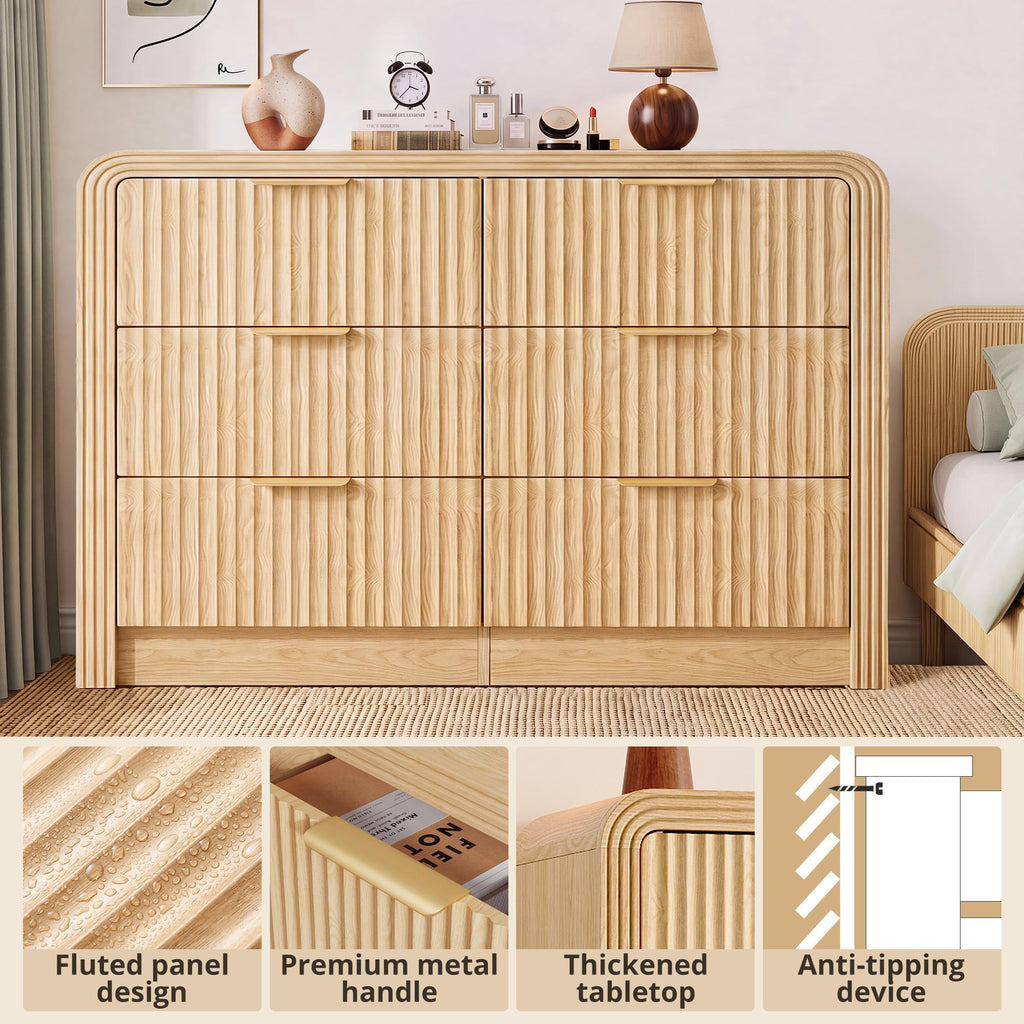 Fluted 6-Drawer Dresser Modern Wood Chest Organizer with Anti-Tip
