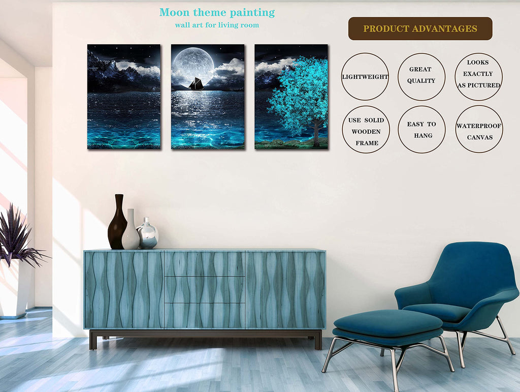 Moon Wall-Art - Teal Wall Art - Ocean Tree Home Wall Decor 3 Pieces Framed Canvas Art 16x24 Inches
